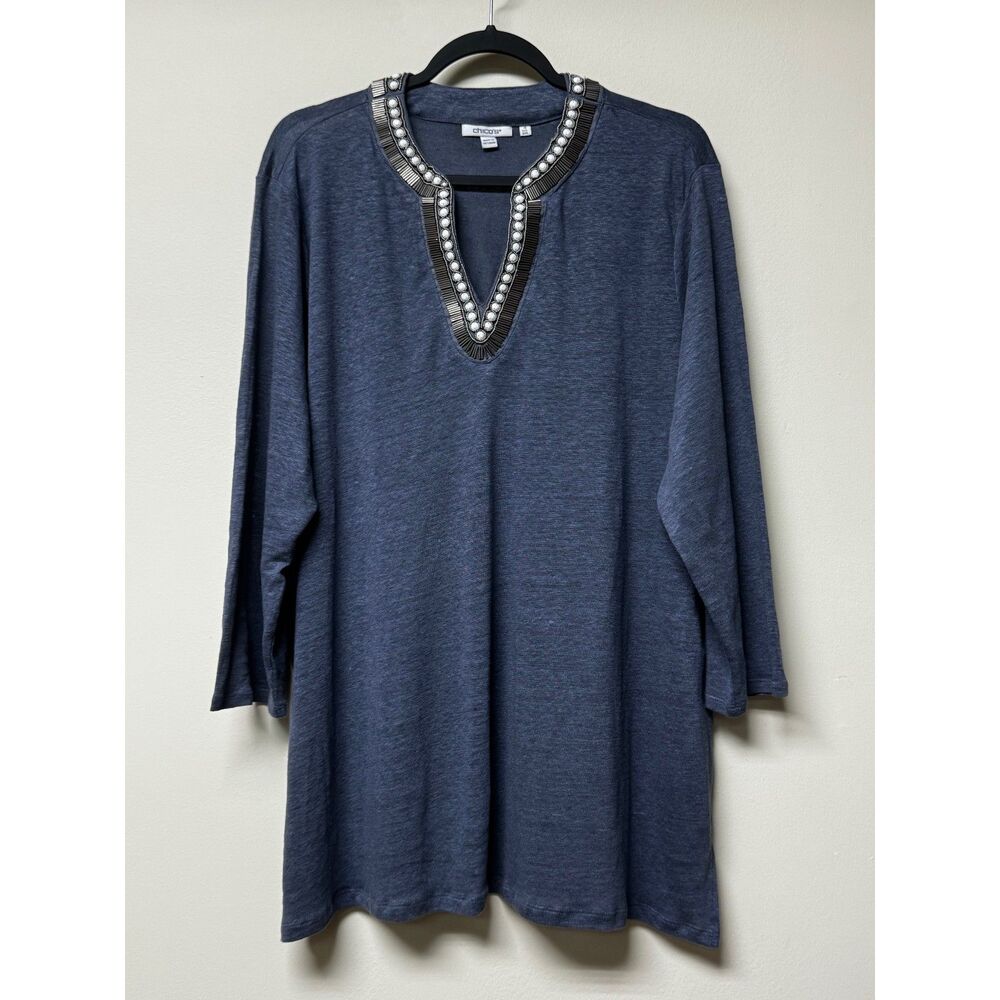 CHICO'S 100% Linen V-Neck Embellished Tunic, Sz 4 (XXL) - Picture 2 of 9